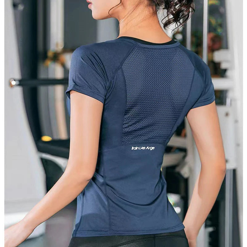 Women Summer T Shirts Slim Fit For Sports Fitness Yoga Short Sleeve Yoga Top Mesh Womens Gym Shirt Sport Wear